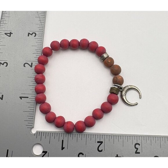 Red Wooden Beaded Bracelet with Celtic Double Horn Charm CFC Silver Tone Boho - Picture 4 of 7